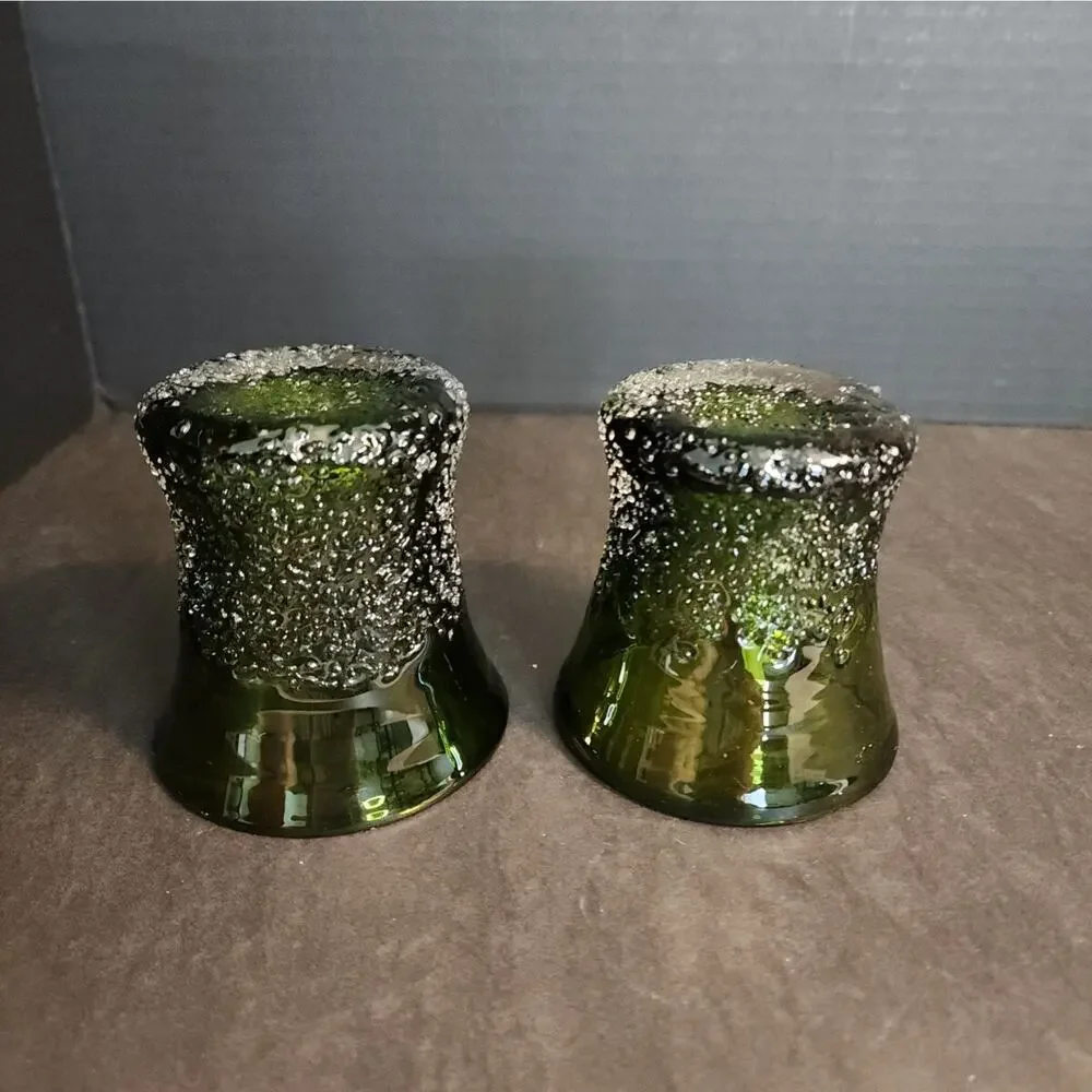 Hand Blow Art Glass Frit Overshot Green 2 Votive Candle Holders, Vases, Juice